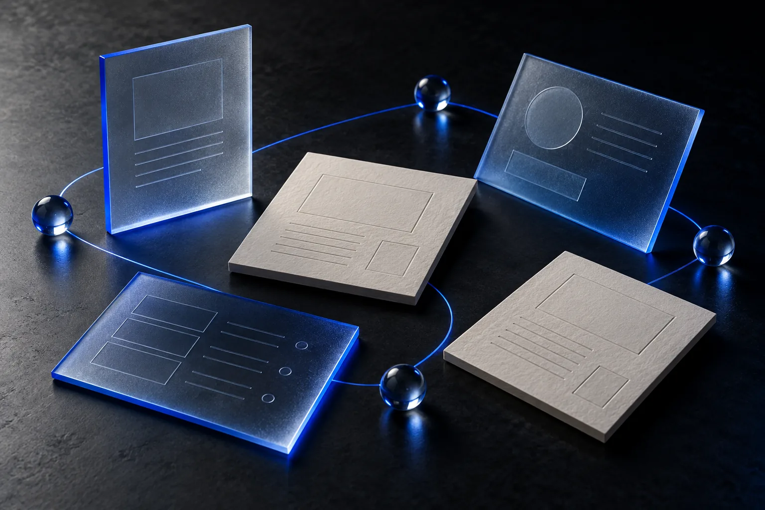 Capas de vidrio y tarjetas conectadas por luz azul sobre un fondo oscuro.